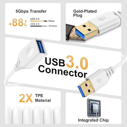 10FT USB Extension Cable for Printer,Mouse,Keyboard,Flash Drive,Camera,Webcam,Hard Drive,USB Hubs,PC,Headset, USB3.0 Extension Cord White USB Male to Female Type A Extender High Speed Data Transfer