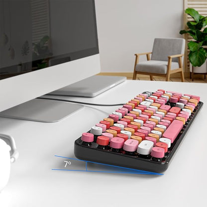 MOWUX Computer Keyboard Wired, Plug and Play USB Retro Round Typewriter Keyboard, Full Size Wired Keyboard with Foldable Stands for Laptop and Office PC- Black Colorful
