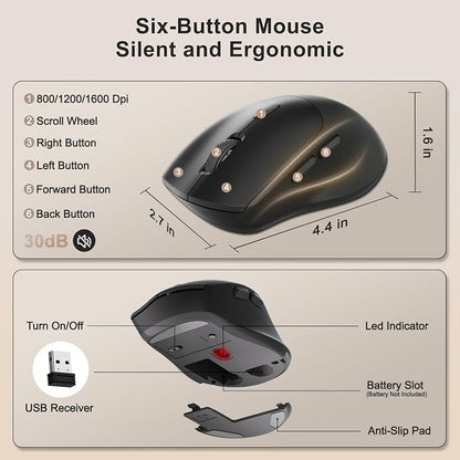 Wireless Keyboard and Mouse Combo, 2.4G Full Size Wave Keys Ergonomic Keyboard with Wrist Rest, Phone Holder, 3-Level DPI Wireless Silent Mouse with 6-Buttons, for Windows (Latte Black)