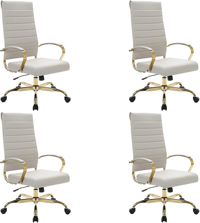 LeisureMod Modern High-Back Leather Office Chair - Swivel & Adjustable Executive Desk Chair with Gold Frame, Ergonomic Design for Home & Office (Tan, Set of 4)