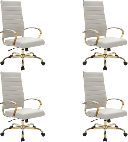 LeisureMod Modern High-Back Leather Office Chair - Swivel & Adjustable Executive Desk Chair with Gold Frame, Ergonomic Design for Home & Office (Tan, Set of 4)