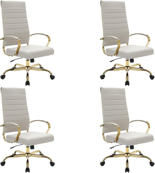 LeisureMod Modern High-Back Leather Office Chair - Swivel & Adjustable Executive Desk Chair with Gold Frame, Ergonomic Design for Home & Office (Tan, Set of 4)