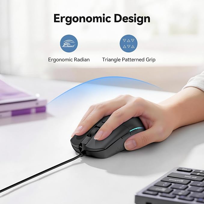 TECKNET Wired Mouse - USB Corded Mouse with RGB Backlit Full Size Optical Silent Mouse with Side Buttons,LED Plug and Play Wired Connection Office Mice for Desktop,PC,Laptop
