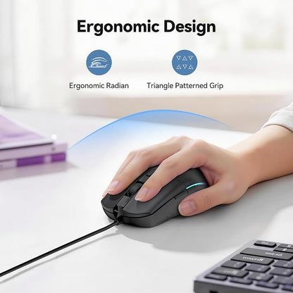 TECKNET Wired Mouse - USB Corded Mouse with RGB Backlit Full Size Optical Silent Mouse with Side Buttons,LED Plug and Play Wired Connection Office Mice for Desktop,PC,Laptop