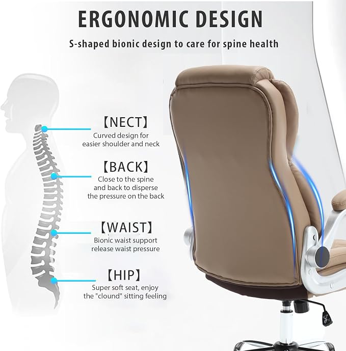 Leather Executive Office Chair, Big and Tall High Back Ergonomic Desk Chairs with Wheels, 90-120° Rocking Managerial Home Computer Chairs with Flip up Arms and Lumbar Support, Light Brown