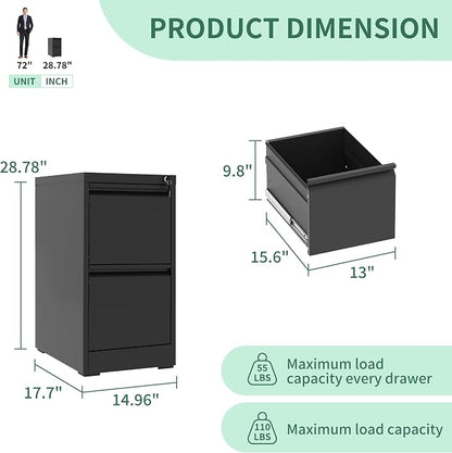 2 Drawers File Cabinet, Vertical File Cabinets with Lock for Home Office,Heavy Duty Office Steel Filing Cabinet for Hanging Letters/Legal/A4, Assembly Required,Black