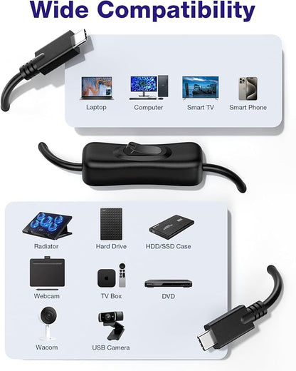 RIITOP USB Type-C On Off Switch Cable [3.3ft], USB 3.1 C to C Cable with Switch Support Video/Data and 20V/3A PD Fast Charging [10Gbps]