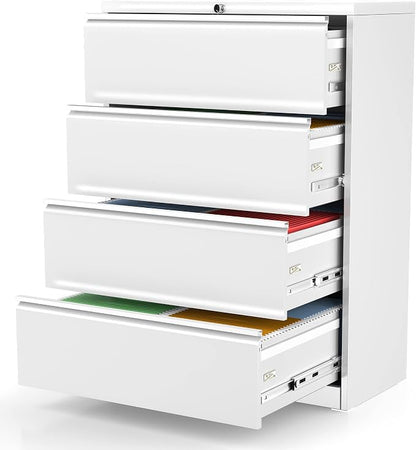 INTERGREAT 4 Drawer Lateral File Cabinet,White Lateral Filing Cabinet with Lock, 36" W Metal Steel Horizontal File Cabinets for Home Office, Easy Assembled