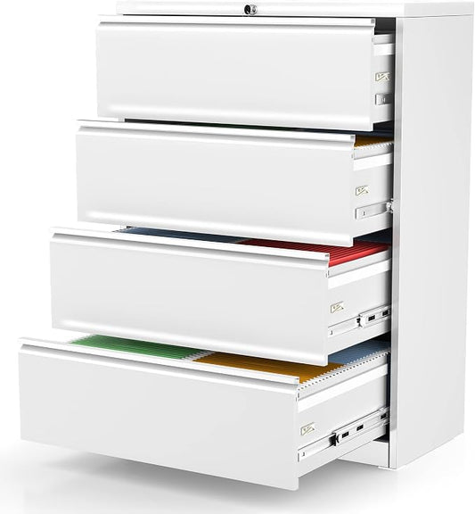 INTERGREAT 4 Drawer Lateral File Cabinet,White Lateral Filing Cabinet with Lock, 36" W Metal Steel Horizontal File Cabinets for Home Office, Easy Assembled