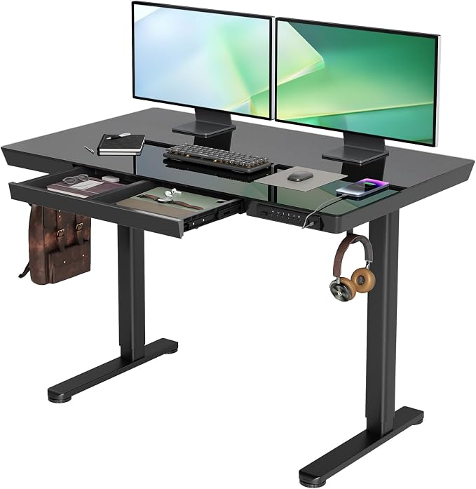 INNOVAR Glass Standing Desk with Drawers & USB Ports,48 inch Whole-Piece Glass Top Adjustable Height Desks, Quick-Install Electric Sit-Stand Up Desk for Home Office & Computer Workstation, Black