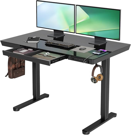 INNOVAR Glass Standing Desk with Drawers & USB Ports,48 inch Whole-Piece Glass Top Adjustable Height Desks, Quick-Install Electric Sit-Stand Up Desk for Home Office & Computer Workstation, Black