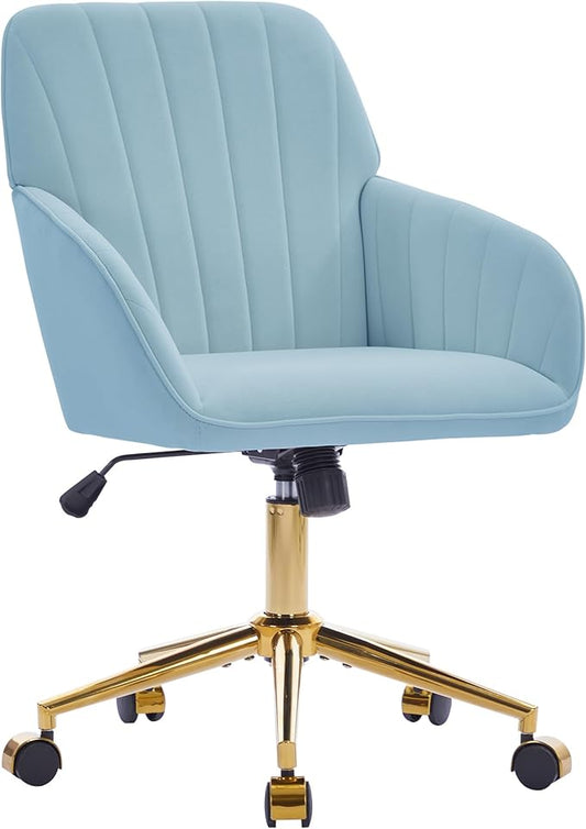 YITAI Velvet Office Desk Armchairs with Gold Base and Wheels,Modern Height Adjustable 360 Degree Swivel Upholstered Vanity Chairs for Living/Room Bedroom/Study,Light Blue