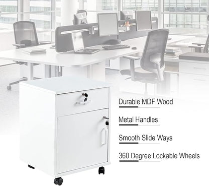 OFCASA 2 Drawer File Cabinet with Lock, Small Rolling Filing Cabinets for Home Office, Wood Under Desk File Cabinet with Wheels, Mobile Storage Organizer, Printer Stand for Letter/Legal, White