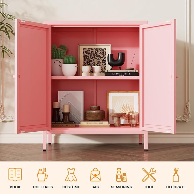 2 Door Metal Storage Cabinet-Small Bathroom Storage Cabinet with 1 Adjustable Shelf,Metal Freestanding Sideboard for Home Office, Living Room, Hallway, Entryway(Square Door, Pink)