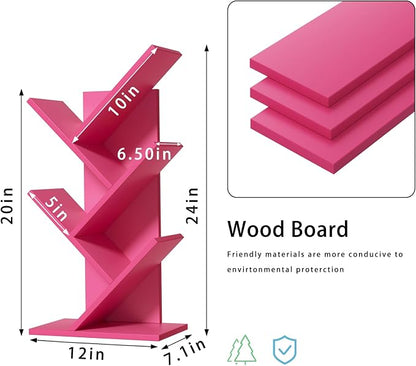 SHEEPAM 5 Tier Tree Book Shelf, Small Desktop Bookshelf with Storage Organizer, Wood Bookcase, Desk Display Bookshelves, Floor Standing Organizer Bookcases for Living Room,Bedroom,Office-Pink
