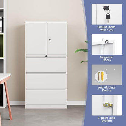 3 Drawer Lateral File Cabinet, Office Storage Cabinet with 3 Wide&Deep Drawers and Locking Doors, White Metal Cabinet with Adjustable Shelves for Home Office, Fits A4/Letter/Legal Size Folders