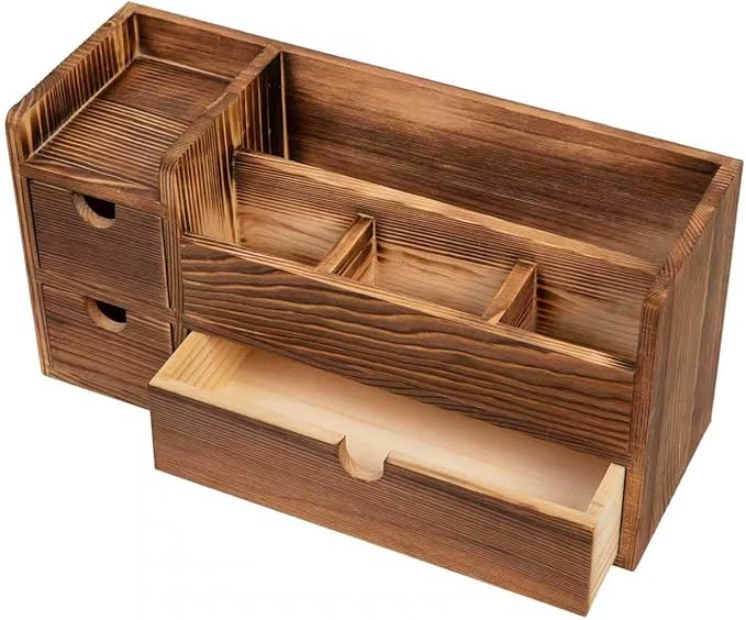 Deep Roast Wooden Desktop Organizer 3 Drawers Office Supplies Storage Caddy Box Stationery Pencil Mail Holder Note Pads Makeup Tools Cosmetics Dark Brown