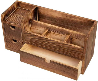 Deep Roast Wooden Desktop Organizer 3 Drawers Office Supplies Storage Caddy Box Stationery Pencil Mail Holder Note Pads Makeup Tools Cosmetics Dark Brown