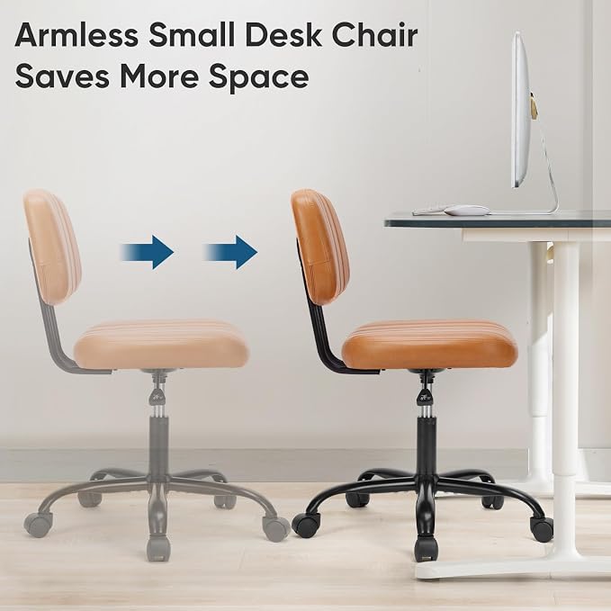 DUMOS Armless Home Office Chair: Small Desk Chair with Low Back Lumbar Support, Height Adjustable PU Leather Computer Task with 360° Swivel Wheels, for Adults, Brown