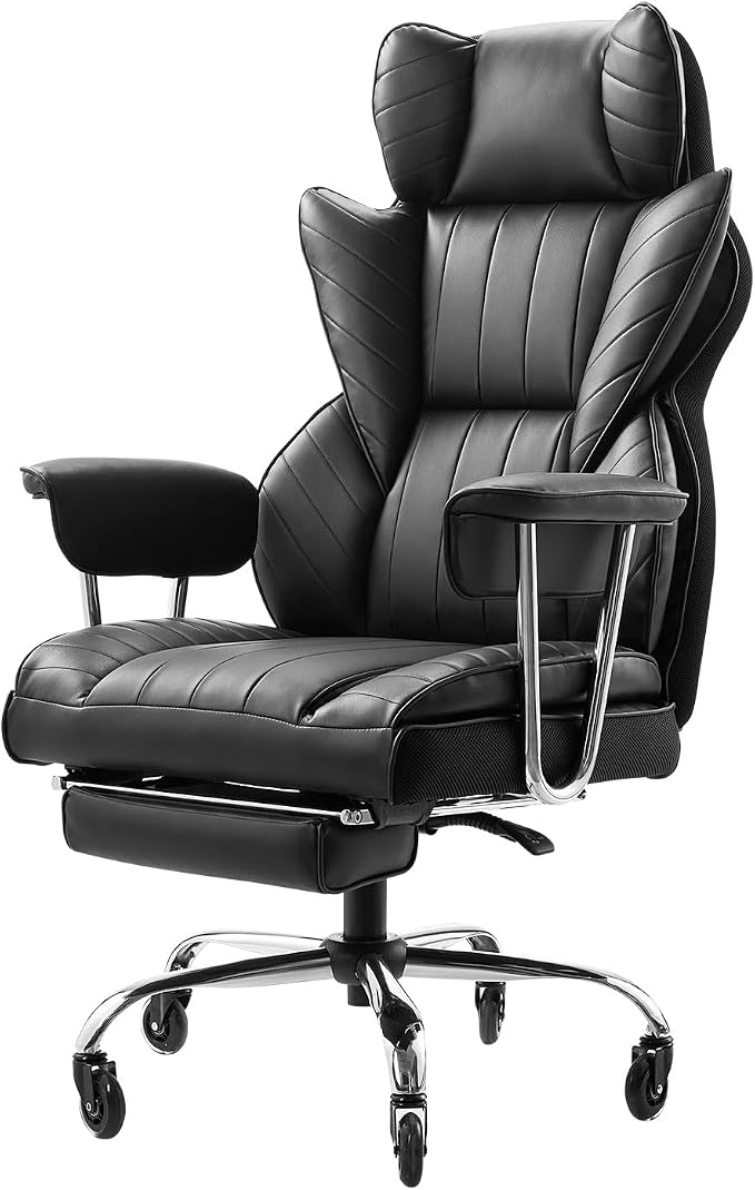 VEVOR Executive Office Chair with Footrest, 400lb Capacity Oversize Office Chair with Lumbar Pillow & Removable Armrests, Heavy Duty Ergonomic Chair, PU Leather Reclining Home Office Desk Chair, Black