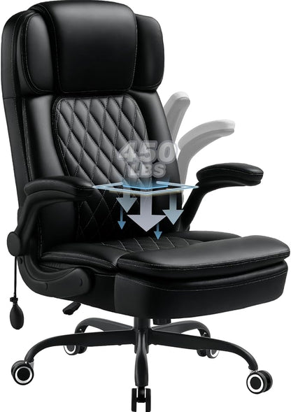 450LBS Big and Tall Executive Office Chair with Flip up Arm, Heavy Duty PU Leather Computer Desk Chair,Comfortable High Back Swivel Home Office Chair with Rolling for Adults,Spring Cushion,Metal Base