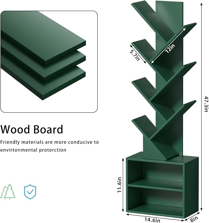 SHEEPAM 10 Tier Tree Bookshelf,Christmas Green Bookcase for Narrow Space, Storage Organizer Floor Standing Bookshelves for Books, Tall Book Case for Home Office, Living Room, Bedroom