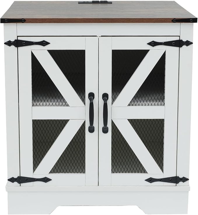 Farmhouse End Table Set with Charging Station, Living Room Tables with Hidden Storage, Wood Square Sofa Bedside Tables, Night Stand with Power Outlet and Door, White