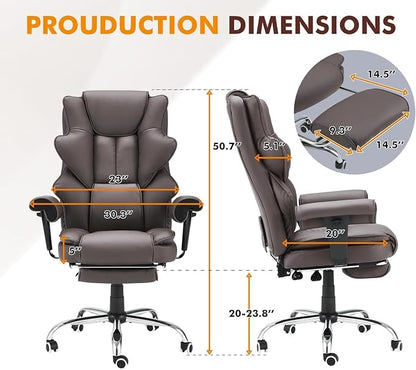 HOMREST 6-Point Massage Executive Chair,Heat Office Chair,Ergonomic Home Office Desk Chairs with Retractable Footrest and Reclining Function,Leather Computer Chair with Adjustable Armrest(‌Brown)