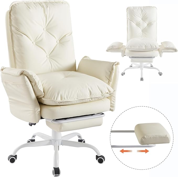 Bestier Cross Legged Office Chair with Footrest, High Back Criss Cross Chair with Reversible Armrests and Wheels, Big and Tall Reclining Office Chair for Home PU Leather Beige