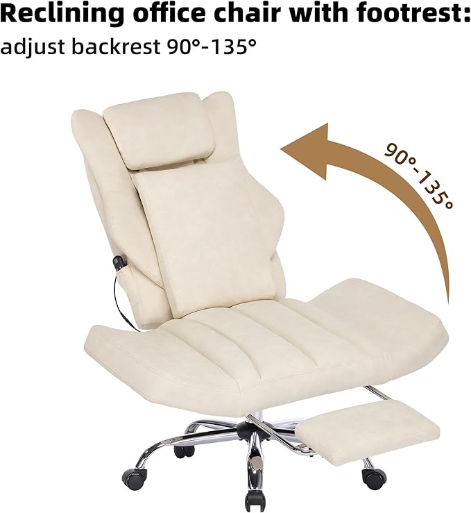 DYHOME Executive Office Chair Cross Legged Sitting with Massage and Footrest Heavy Duty Desk Chair,Swivel Ergonomic Chairs with Lumbar Support Wheels Flip-up Arms Height,Leather Beige