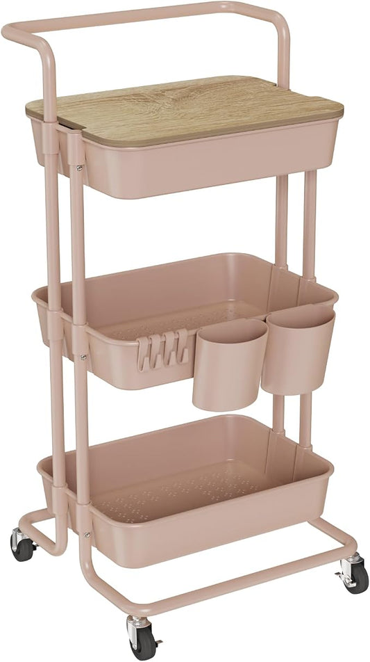DTK 3 Tier Rolling Utility Cart with Cover Top Board, Movable Kitchen Storage Cart Trolley with Lockable Wheels, Cups, Hooks for Kitchen Bathroom Home Office Art Craft Storage and Organization(Pink)