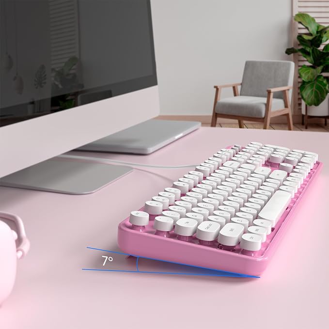 MOWUX Computer Keyboard Wired, Plug and Play USB Retro Round Typewriter Keyboard, Full Size Wired Keyboard with Foldable Stands for Laptop and Office PC- Pink