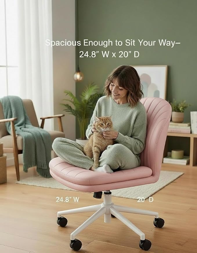 Marsail Armless-Office Desk Chair with Wheels: PU Leather Cross Legged Wide Chair,Comfortable Adjustable Swivel Task Chairs for Home,Office,Make Up,Small Space,Bed Room, Pink
