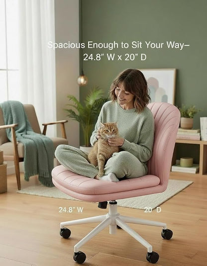 Marsail Armless-Office Desk Chair with Wheels: PU Leather Cross Legged Wide Chair,Comfortable Adjustable Swivel Task Chairs for Home,Office,Make Up,Small Space,Bed Room, Pink