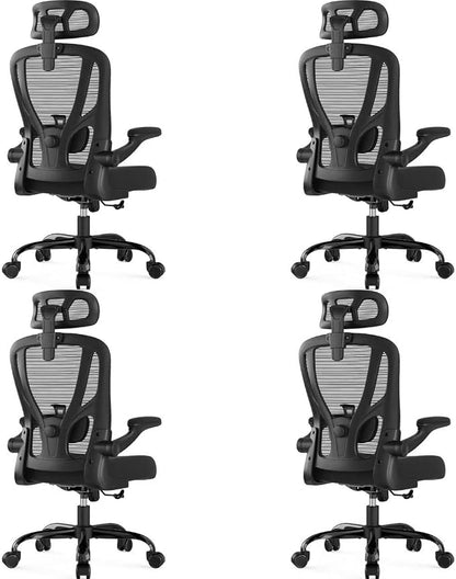 Office Chair Ergonomic Desk Chair - Mesh High Back Office Chair with Headrests Wheels Lumbar Support Home Desk Office Chairs Flip up Armrest Executive Rolling Computer Chair Black 4 Pack
