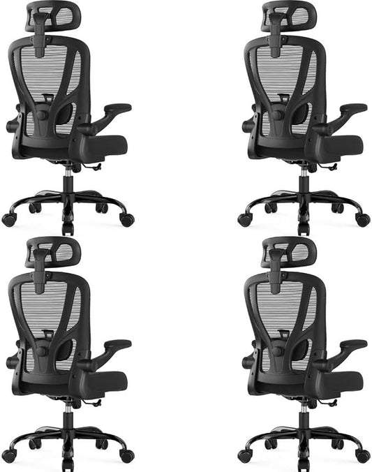 Office Chair Ergonomic Desk Chair - Mesh High Back Office Chair with Headrests Wheels Lumbar Support Home Desk Office Chairs Flip up Armrest Executive Rolling Computer Chair Black 4 Pack