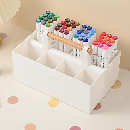 Buqoo Desk Organizer with 8 Compartments, Plastic Makeup Organizer with Wooden Handle, Pen Holder for Desktop Storage, Desk Organization for School, Home, Office Supplies (White)