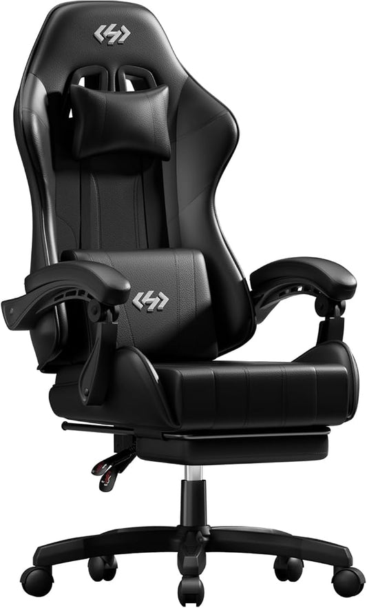 HLDIRECT Gaming Chair, Ergonomic Computer Office Chair with Lumbar Support Footrest Headrest, Adjustable Height & Backrest Angle Video Gamer Chair, PU Leather, 360° Swivel, Adult (Black)