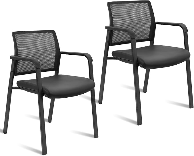 CLATINA Mesh Back Guest Reception Stacking Chair, Waiting Room Stackable Chairs with Upholstered Leather Seat & Ergonomic Lumbar Support for Office Conference School Study Church Lobby, Black, 2 Pack