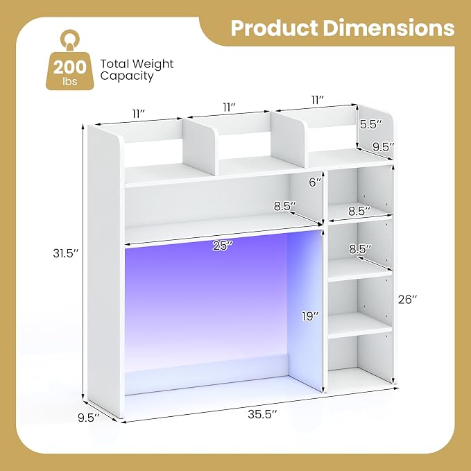 LDAILY Desktop Bookshelf with LED Lights, 35.5’’ Wooden Desk Shelf with 8 Cubes & 3 Adjustable Storage Shelves, 5-Tier Desk Hutch for Dorm College Office Computer Monitor Up to 25’’(White)
