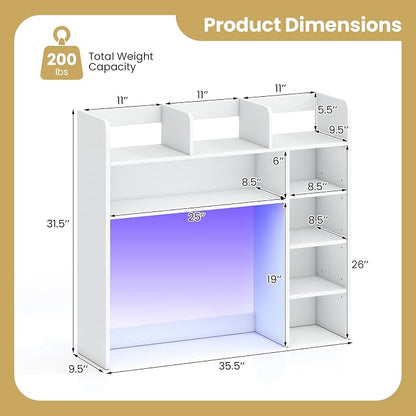 LDAILY Desktop Bookshelf with LED Lights, 35.5’’ Wooden Desk Shelf with 8 Cubes & 3 Adjustable Storage Shelves, 5-Tier Desk Hutch for Dorm College Office Computer Monitor Up to 25’’(White)