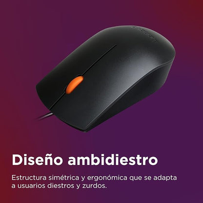 Lenovo 300 USB wired computer mouse - full size optical ambidextrous with 1600 DPI, reliable USB-A connection, easy 3-button navigation – long lasting, durable, black