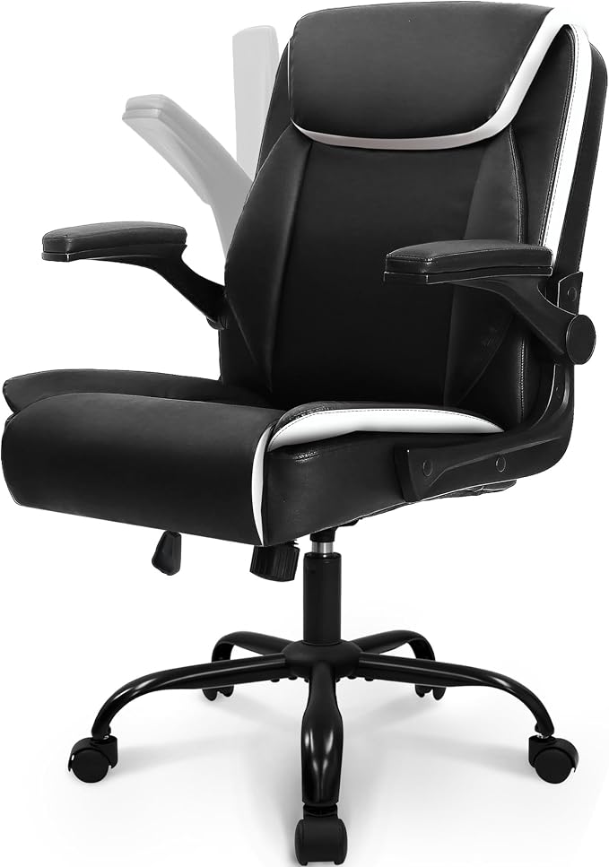NEO Chair Mid-Back Home Office Executive Desk Chair Computer Gaming Ergonomic Chair with Adjustable Padded Flip-Up Armrests Wheels Swivel for Task Study (Leather Black)