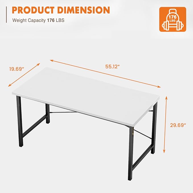 Sweetcrispy Computer Office Desk 55 Inch Student Study Writing Work with Metal Frame Wood Tabletop Modern Simple PC Home Bedroom Table, Compact Sturdy Desk for Laptop, Study, Gaming, White