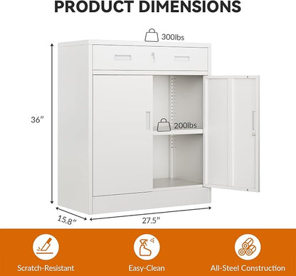 BESFUR Metal Garage Storage Cabinet with One Lockable Drawer 2 Locking Doors and an Adjustable Shelf, 36" White Metal Short Storage Cabinet for Home Office, Garage,School,Utility Room