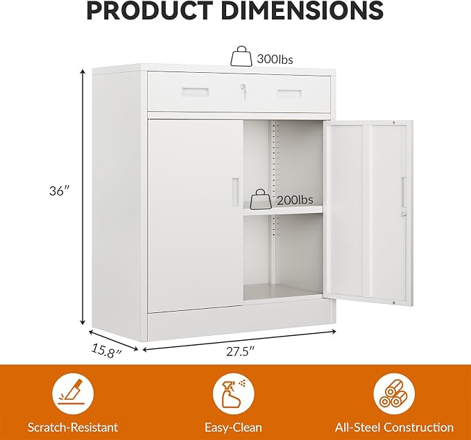 BESFUR Metal Storage Cabinet, Garage Storage Cabinet with One Drawer and Adjustable Shelf, Locking Short Storage Cabinet for Office Garage Home, White Metal Cabinets(36" H x 27.5" W x 16" D)