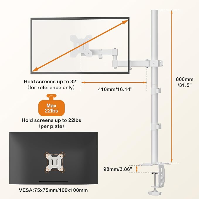 Bracwiser Single Fully Adjustable Standing Height Monitor Arm Stand Mount 800mm Tall for Monitor Computer Screen 13 15 17 19 20 22 23 24 26 27 30 32 inch VESA 75 100 (MD7821W)