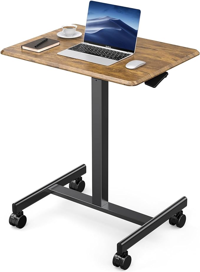 DUMOS Mobile Small Standing Desk, Portable Rolling Laptop Desk with 2 Lockable Wheels, Adjustable Height Computer Workstation for Home Office, 19 Inch Brown