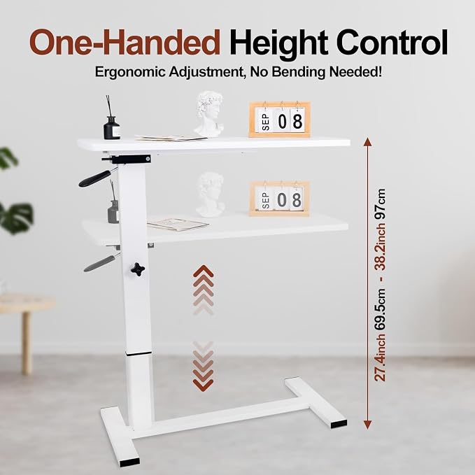 Overbed Bedside Table with Wheels, Adjustable Pneumatic Mobile Standing Desk, Laptop Table Rolling Bed Desk Foldable for Hospital & Home (32" W x 16" D, White)