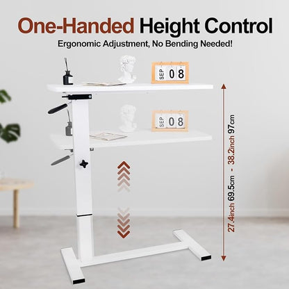 Overbed Bedside Table with Wheels, Adjustable Pneumatic Mobile Standing Desk, Laptop Table Rolling Bed Desk Foldable for Hospital & Home (32" W x 16" D, White)